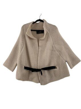 By Malene Birger Cardigan Sweater Women's Small Beige 100% Wool Knit Black Tie